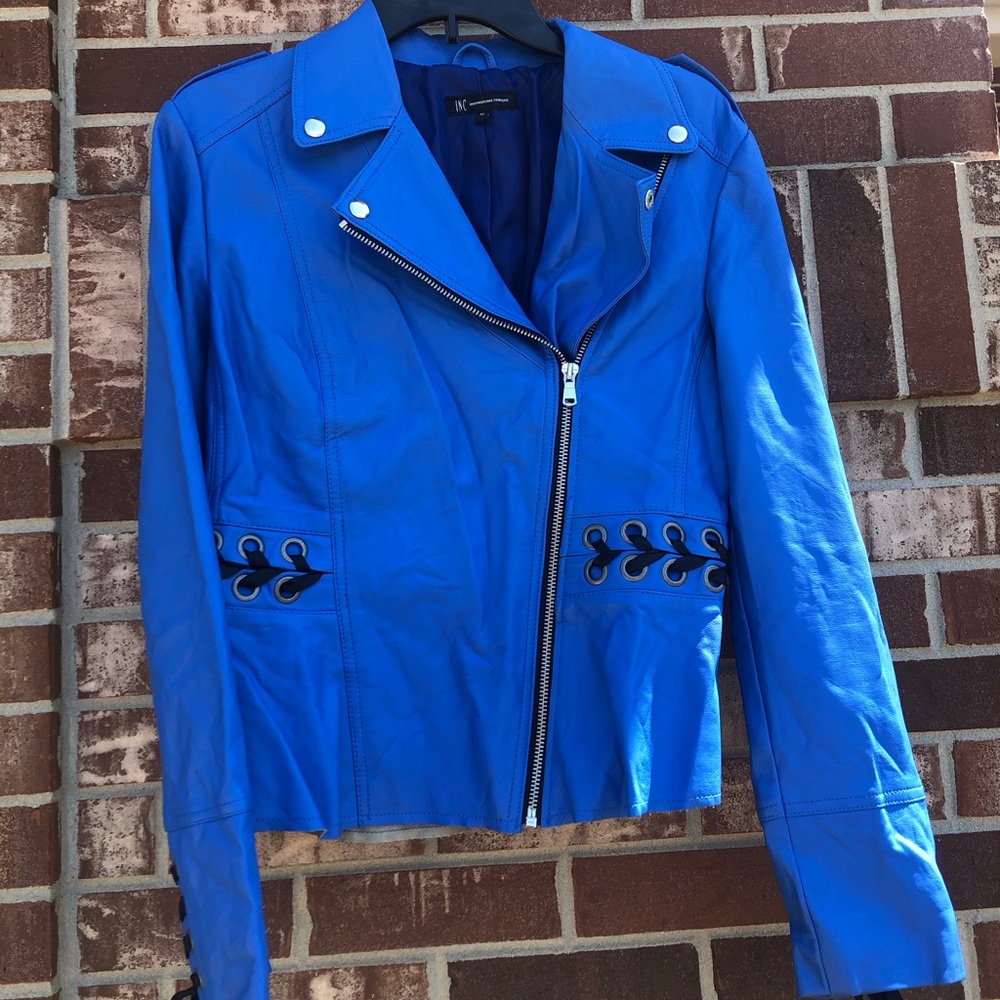 Electric Blue Faux Leather Jacket with lacing detail